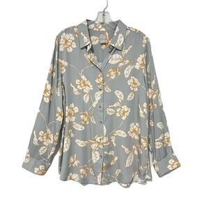Chico’s Silky Button Down Blouse Top Size 2 Large Floral Gray Long SleeveCareer